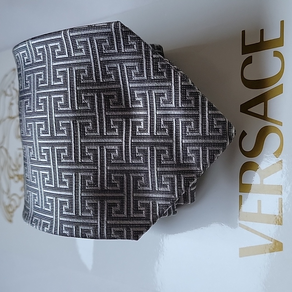 ⭐️VERSACE Authentic Silk Made in Italy Silver with Medusa Embroidery Luxury Tie